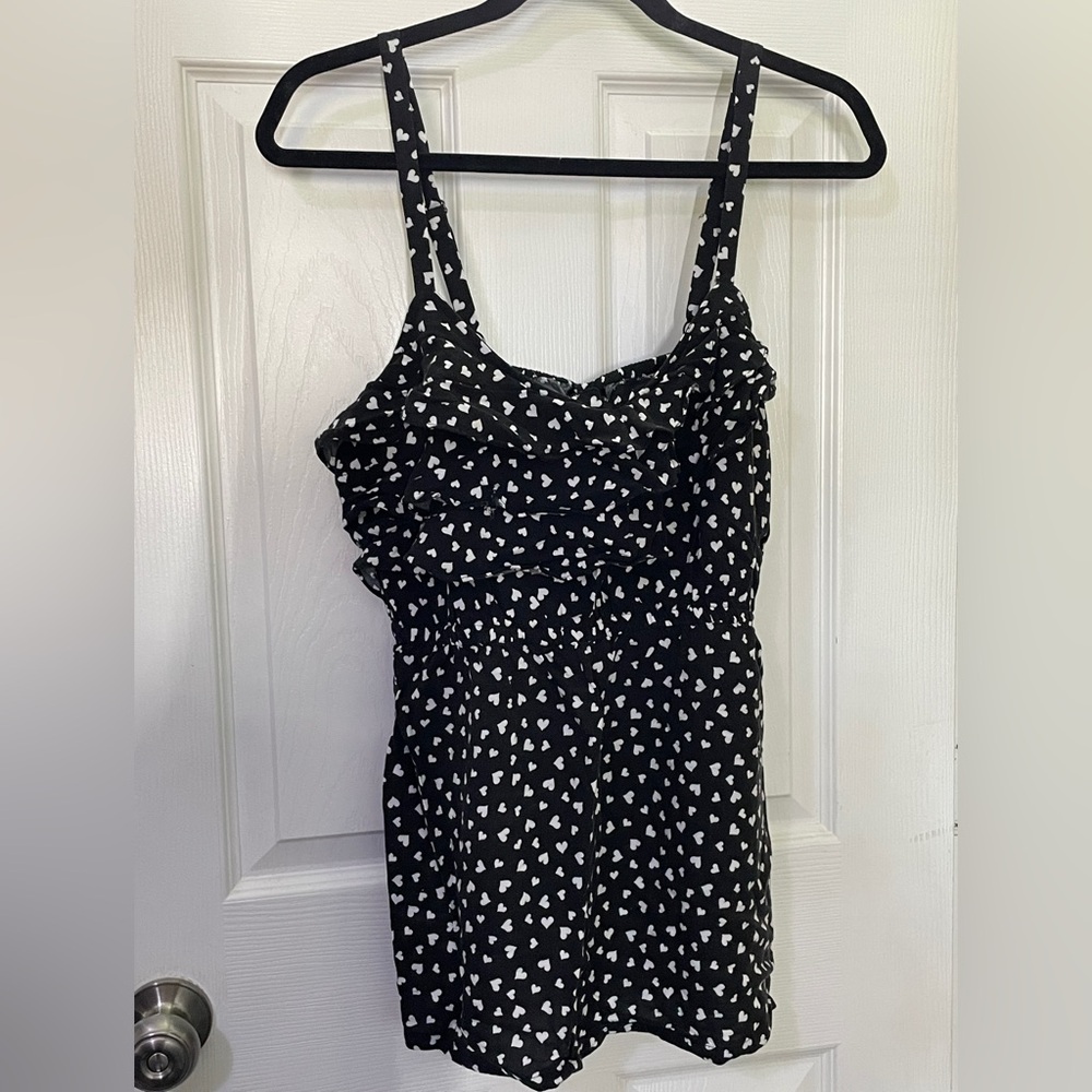 Torrid Black White Sleeveless Camisole Top with Heart Print, Ruffle, Plus Size 1